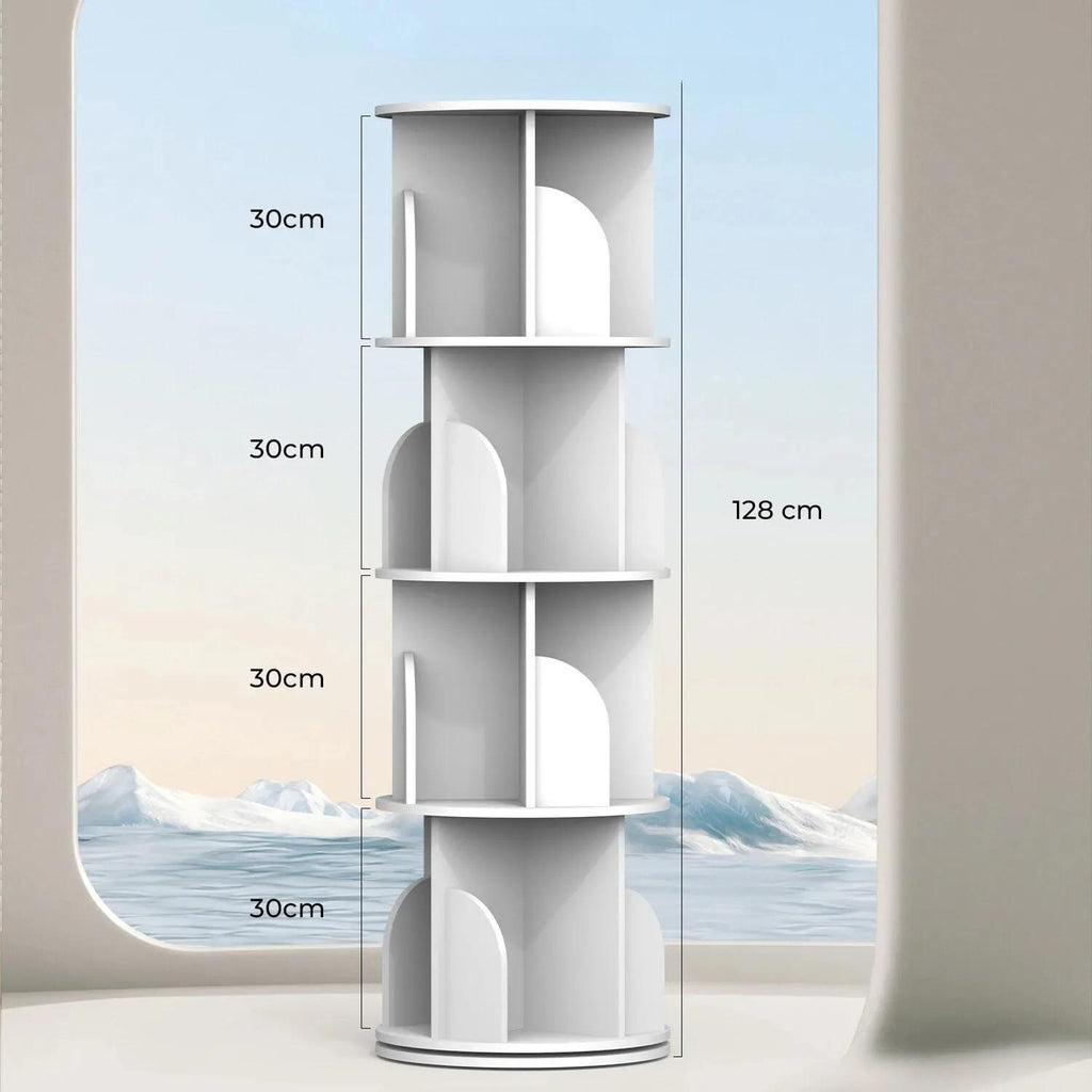 4-Tier 360° Rotating Bookshelf Tower, White Spinning Freestanding Bookcase with Divided Open Storage Compartments, Vertical Rotating Display Shelf Organizer for Bedroom Living Room Study Home Office