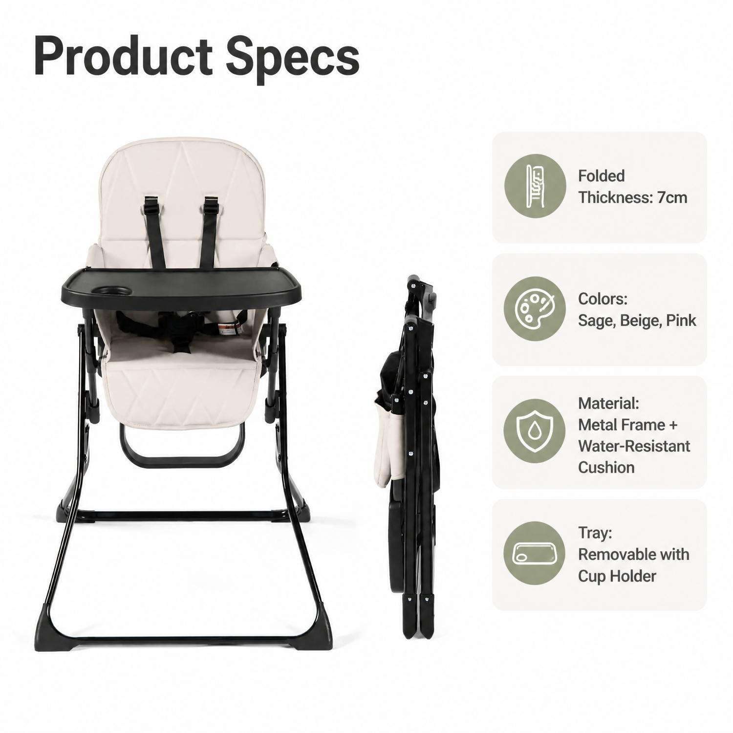 Ultra‑Slim Flip‑Fold Highchair with Super‑Quick Compact Fold, Removable Tray & Wipe‑Clean Cover, 5‑Point Harness, and Footrest – The Perfect Space‑Saving Dining Seat for Babies up to 15kg