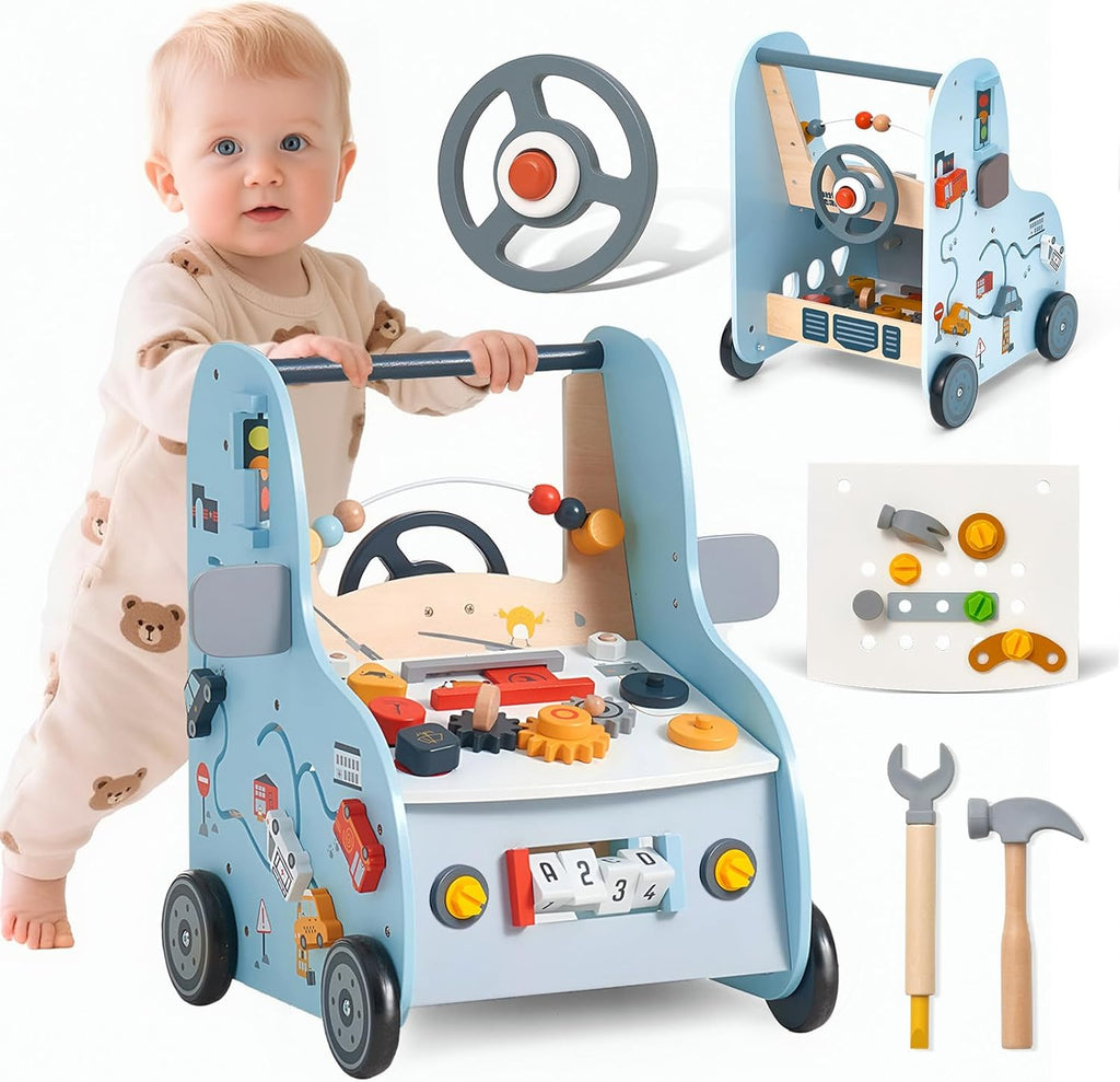 Baby Walker First Step Activity - Adjustable Speed Wooden Push Walker with Activity Center, Car Traffic & Tool Bench Theme: Shape Sorter, Steering Wheel, Gears, Beads - Montessori Learning Walking Toy for Toddlers 1 2 3 Years Old [Plus A Free Gift]