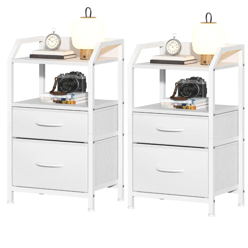Set of 2 Rustic Industrial Nightstands, Wood and Metal Bedside Table with Drawers & 2 Open Storage Shelves, Multi-Purpose End Table Sofa Side Table, Bedside Organizer Cabinet for Bedroom Living Room Small Spaces