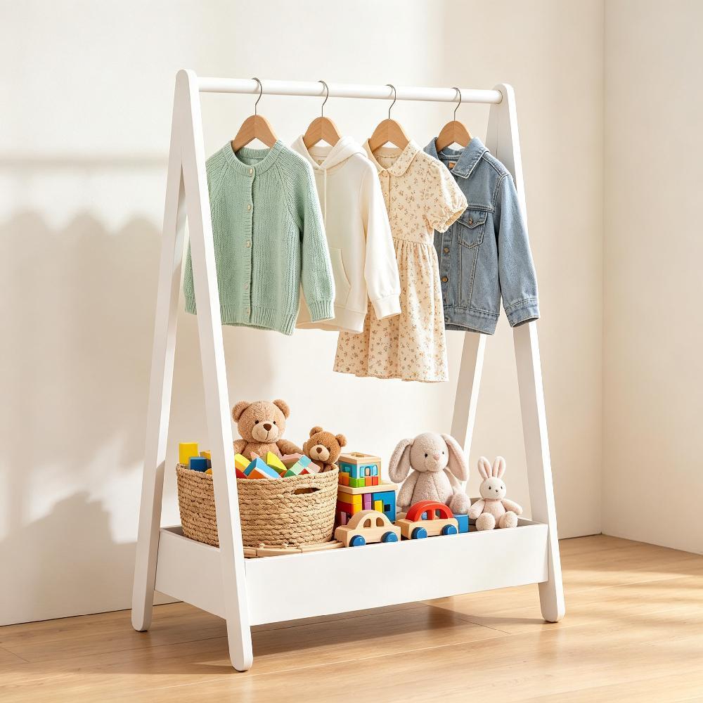 White Solid Pine Wood Kids Clothes Rack with Hanging Rail and Storage Shelf, 99H x 64.5W x 42D cm, Portable Space-Saving Stand for Toys and Footwear, Children's Bedroom Organiser [Plus A Free Gift]