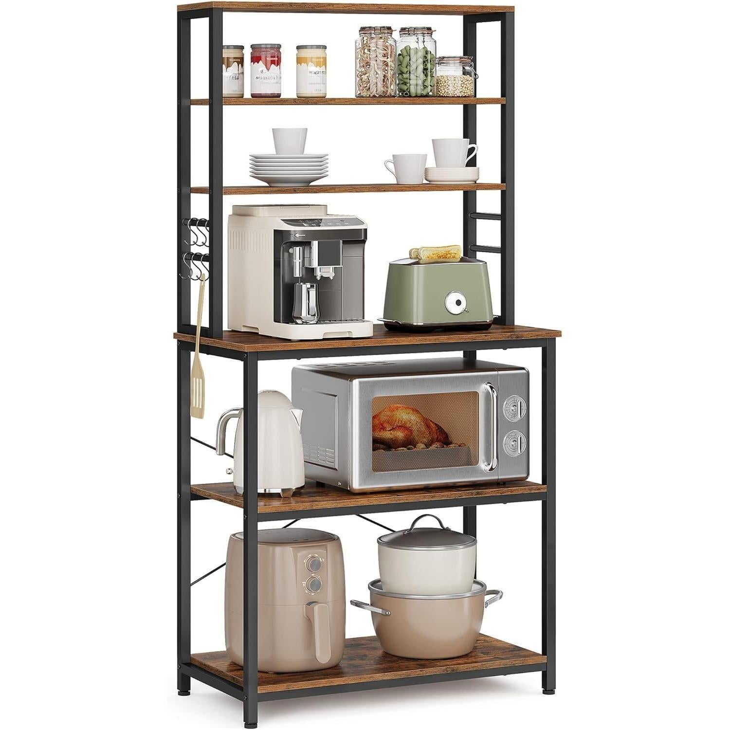 6‑Tier Heavy‑Duty Baker’s Rack with 6 Hooks, Freestanding Microwave Coffee Bar Storage Organizer for Kitchen Pantry Countertop