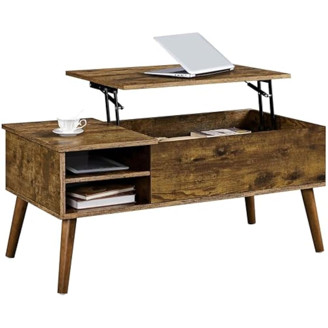 【NS】Lift Top Coffee Table, Industrial Style Coffee Table with Hidden Storage & Adjustable Storage Shelf, Center Table Sofa Table for Living Room, 100x48x45cm, Rustic Brown