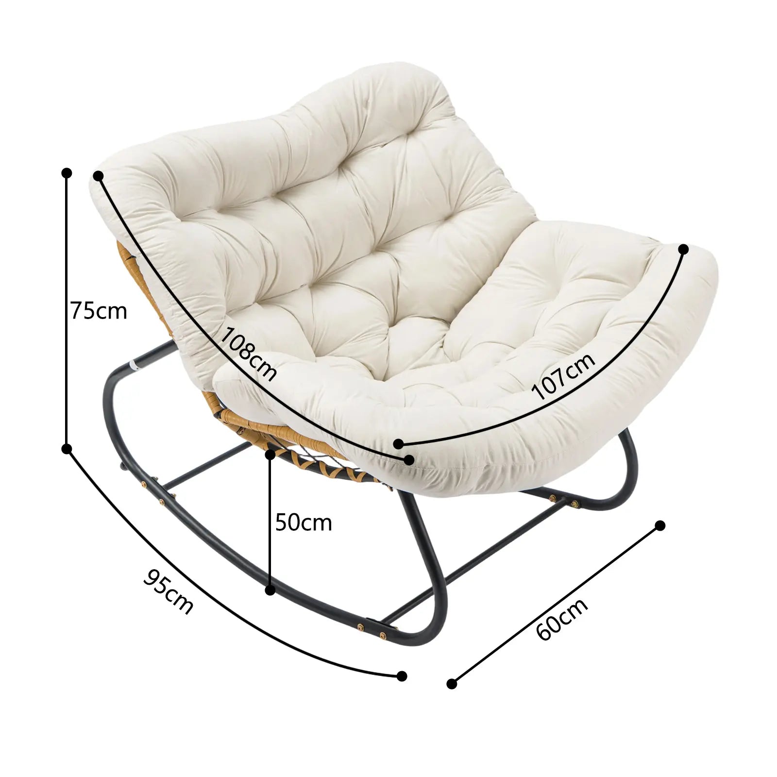 CROWNSHOP Chairs Oversized Rattan Egg Rocking Chair – Outdoor Wicker Chair with Metal Frame, Large Cushioned Seat for Garden & Patio