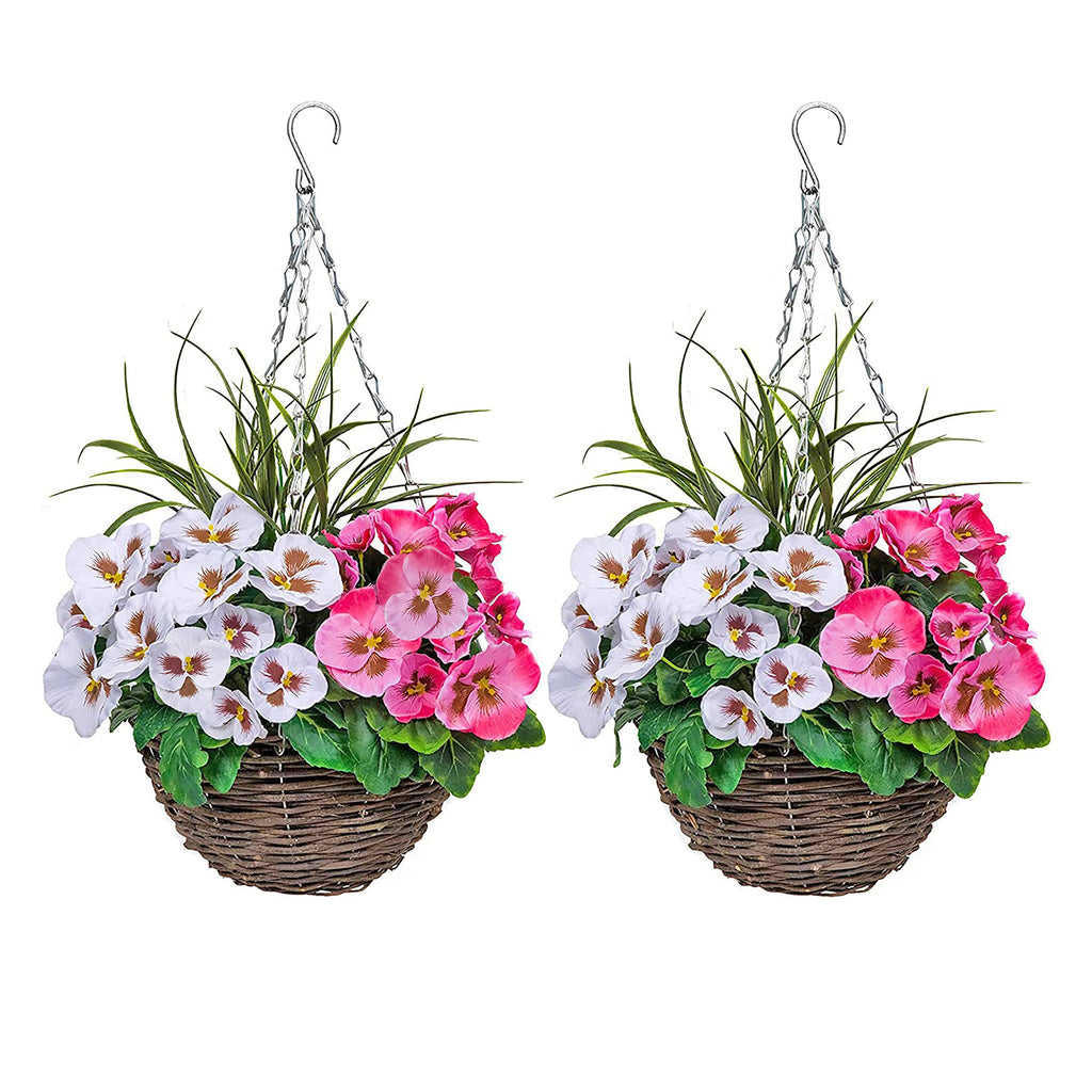 2 Pcs Coco Coir Artificial Hanging Planters, Fake Pink White Pansies Floral Arrangement with Decorative Grasses, UV Waterproof Hanging Basket for Indoor Outdoor Garden Decor