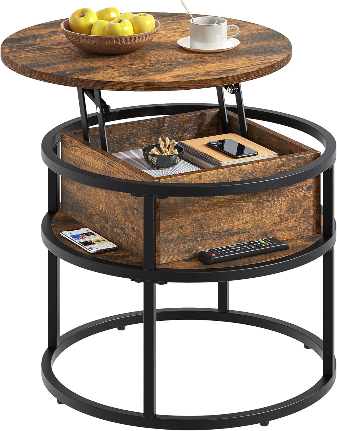 Round Lift Top Coffee Table for Living Room, Rustic Wooden Center Table with Hidden Storage Compartment & Side Open Shelves, Multifunctional Lift‑Up Dining Work Table for Small Space Apartment Home Office