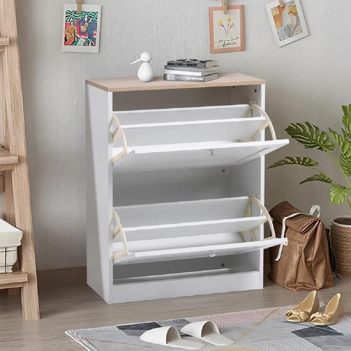 58cm Wide Shoe Storage Cabinet with 2 Flip‑Down Drawers, White Wooden Narrow Shoe Organizer, Slim Hidden Footwear Storage Cabinet for Entryway Hallway Living Room, Holds Up to 12 Pairs of Shoes