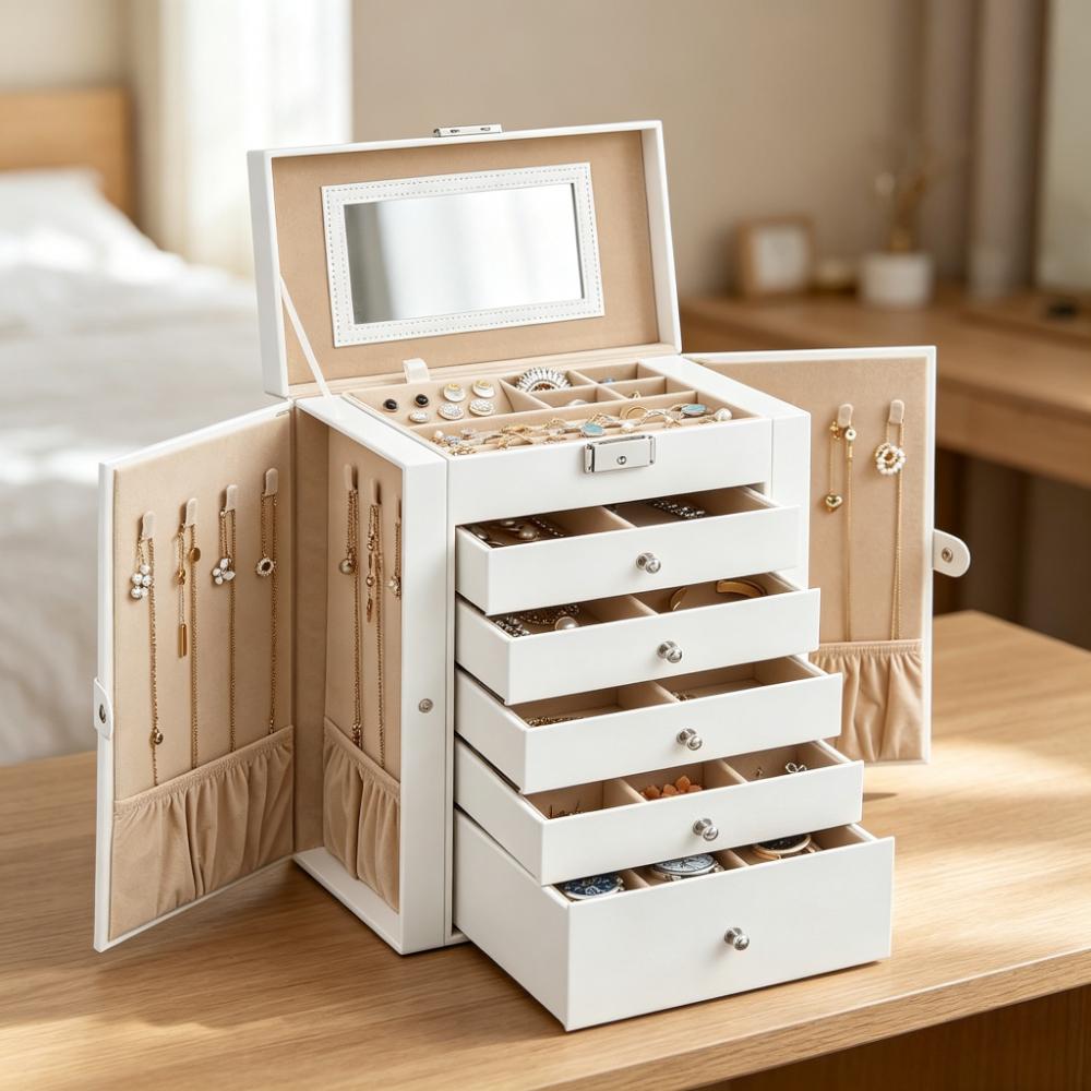 Large 6-Tier Jewellery Organiser with Lock and Mirror, 5-Drawer Watch and Accessory Storage Box, Vanity Case for Necklaces Rings Bracelets Earrings [Plus A Free Gift]