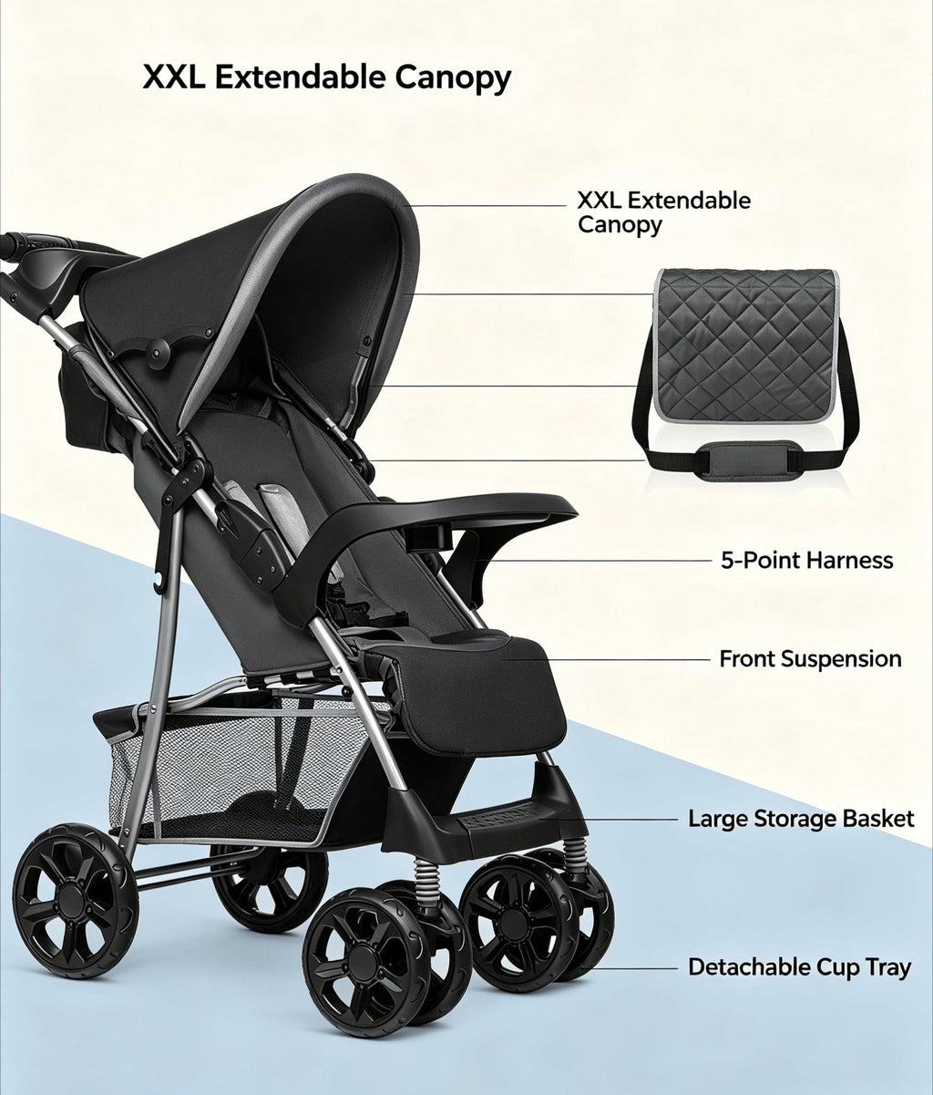 Foldable Lightweight Travel Baby Stroller, Compact City Stroller for Toddlers 6‑36 Months (Max 15kg), Reclining Lie‑Flat Seat with Adjustable Footrest, XXL All‑Weather Canopy, 5‑Point Harness & Shock‑Absorbing Wheels, Storage Basket, Detachable Tray and P
