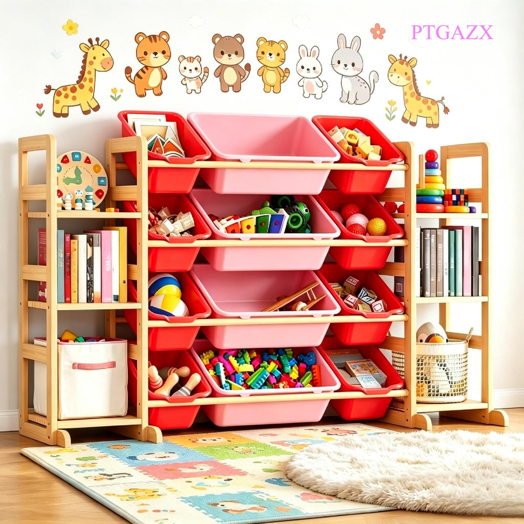 Kids Wooden Toy Storage Organizer, Toy Shelving Unit with 12 Removable Bins & 6 Open Shelves, Multi‑Purpose Children Bookcase Storage Cabinet for Playroom Bedroom Nursery