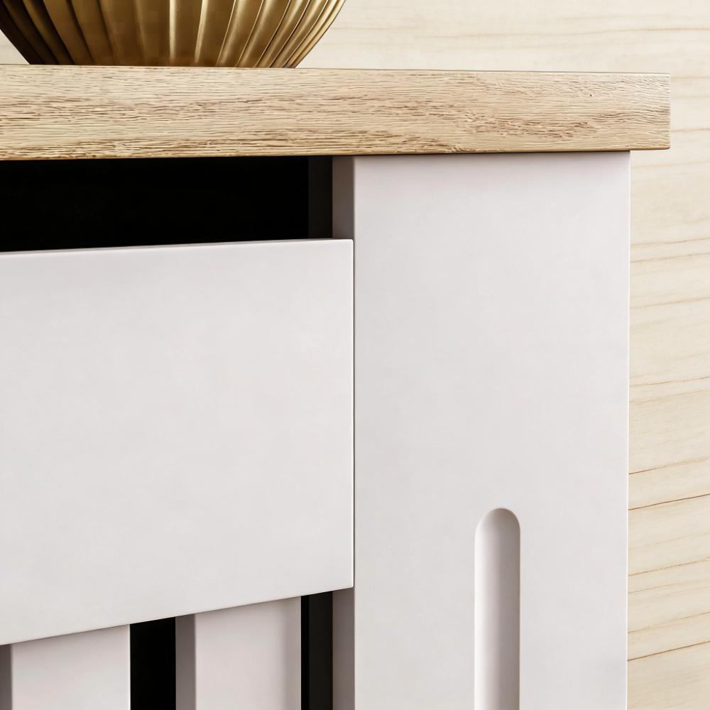 White MDF Radiator Cover with Wood Shelf - White -  Modern Swing-style Vertical Grille Design for Optimal Heat Circulation - Painted MDF Cabinet with Wooden Upper Shelf