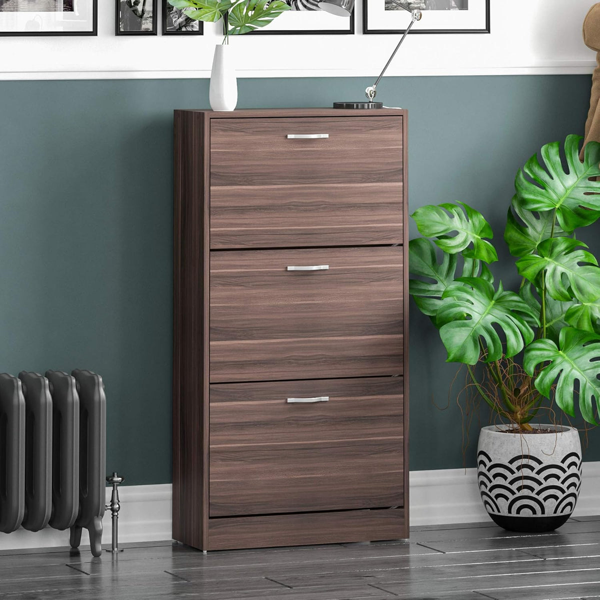 3-Drawer Shoe Cabinet (Various Colours) - Pull-Down Wooden Storage Organiser, H118xW60xD24cm, Wood Furniture Unit for Shoe Organization