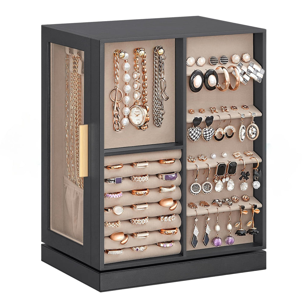 Luxury Cloud 360° Rotating Jewellery Box Organiser, Vertical Large Capacity Jewellery Display Case with 5 Drawers Transparent Window, Open Design Spacious Jewelry Storage Box, Elegant Gift for Women Girls Dresser Desktop Decor