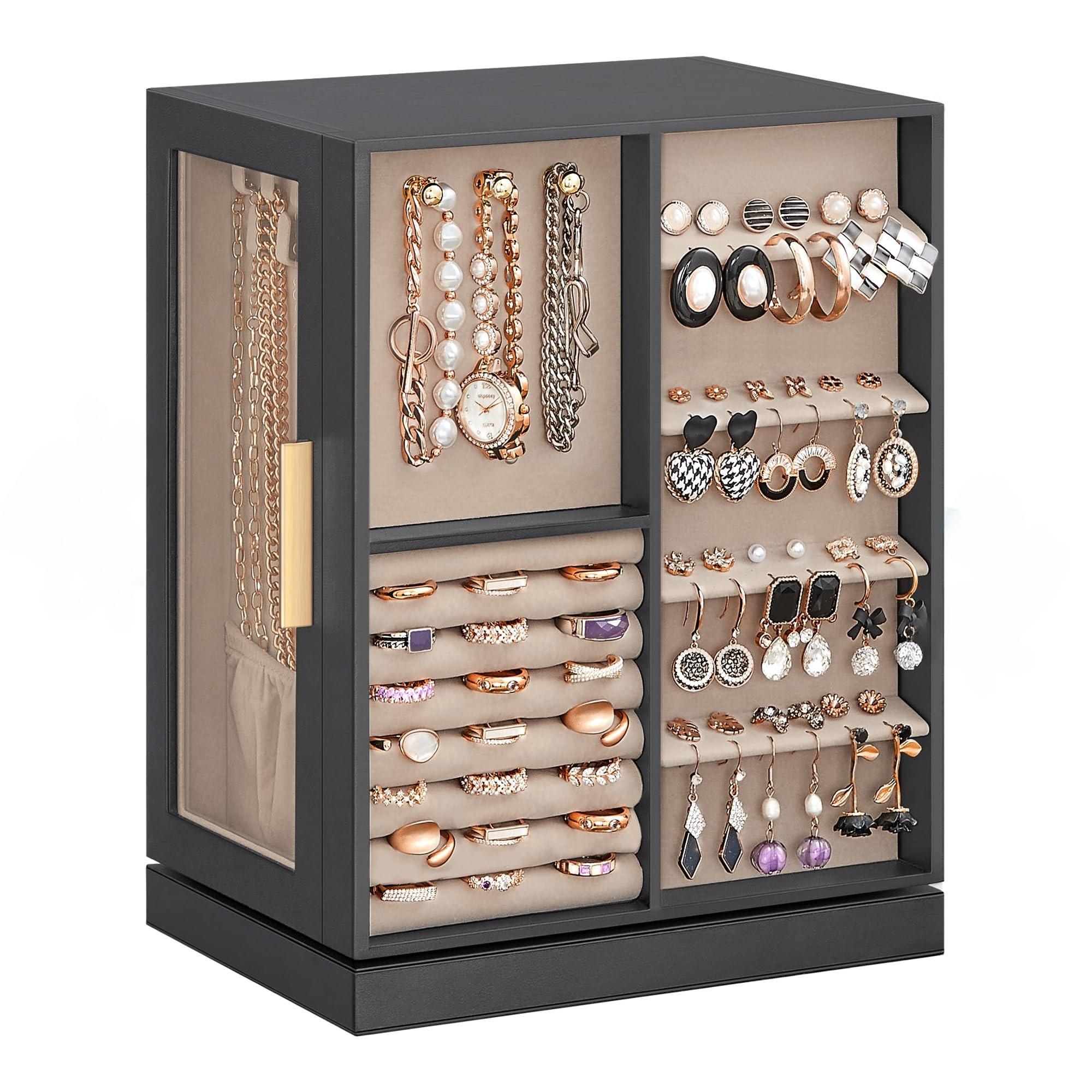 Luxury Cloud 360° Rotating Jewellery Box Organiser, Vertical Large Capacity Jewellery Display Case with 5 Drawers Transparent Window, Open Design Spacious Jewelry Storage Box, Elegant Gift for Women Girls Dresser Desktop Decor