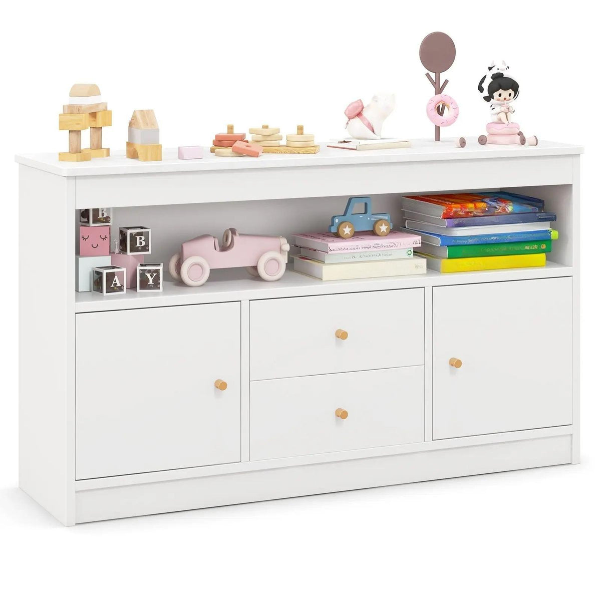Wooden Kids Toy Storage Organizer, Children’s Bookcase with Open Shelf, 2 Cabinets & 2 Pull‑Out Drawers, Anti‑Tip Toy Books Storage Cabinet for Playroom, Bedroom, Nursery & Daycare`