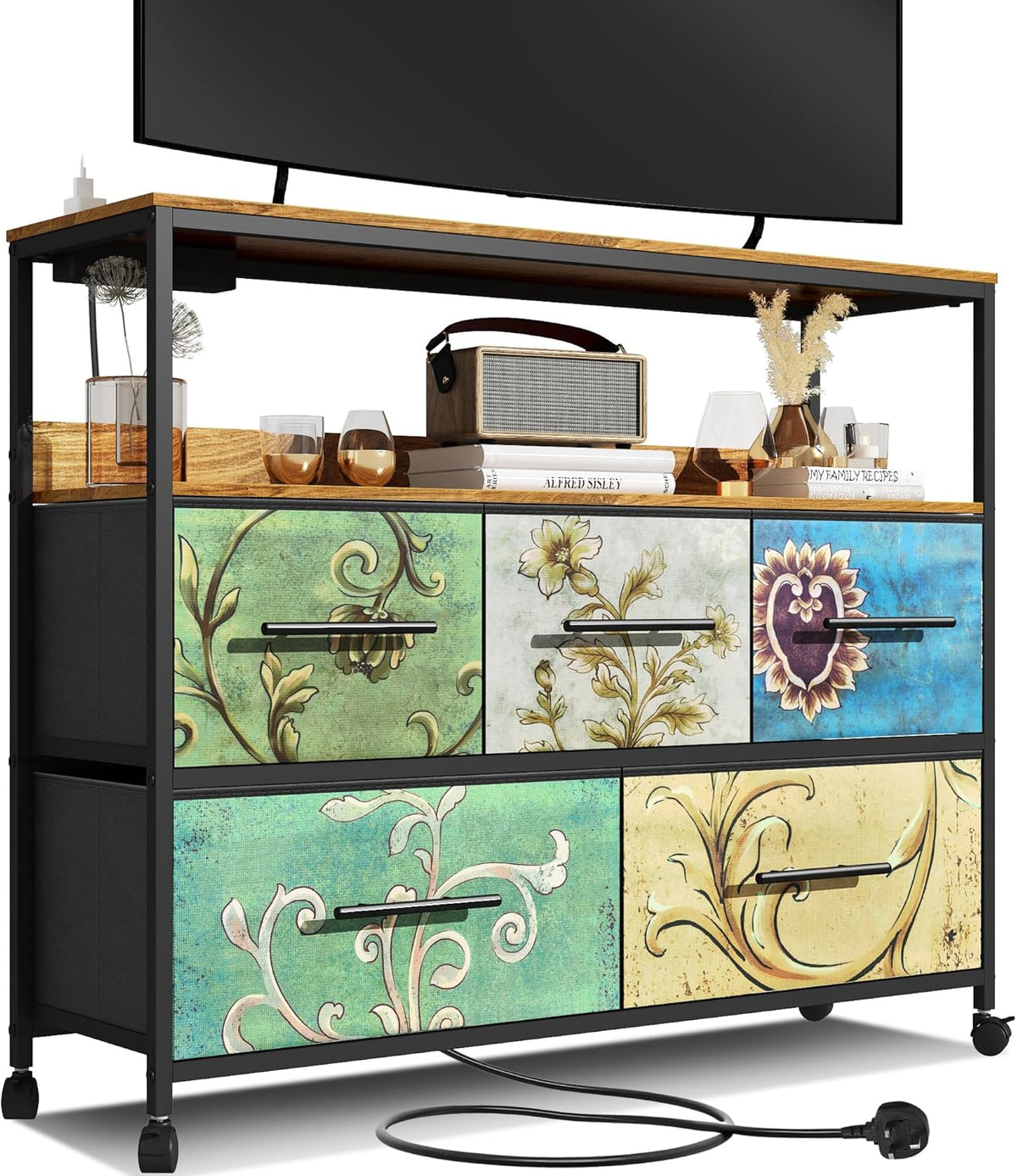 Chest of Drawers with Charging Station, Bedroom Dresser with 5 Fabric Drawers, TV Stand with Storage Shelf, 4 Castors and Metal Frame (Black)