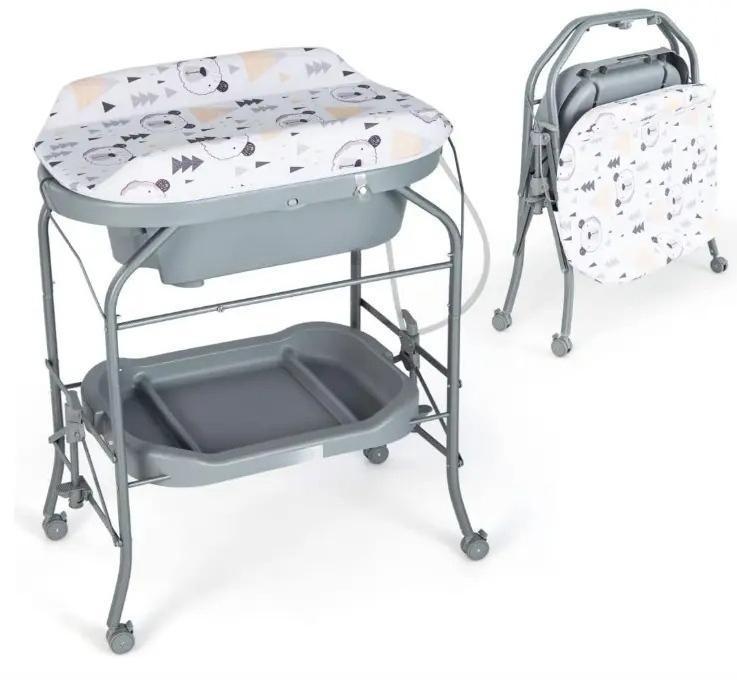 `4‑in‑1 Folding Baby Changing Table, Portable Infant Nursery Station with Built‑in Bath Tub, 4 Universal Rolling Wheels, PVC Changing Pad & Storage Tray, Newborn Massage Diaper Organizer Table`
