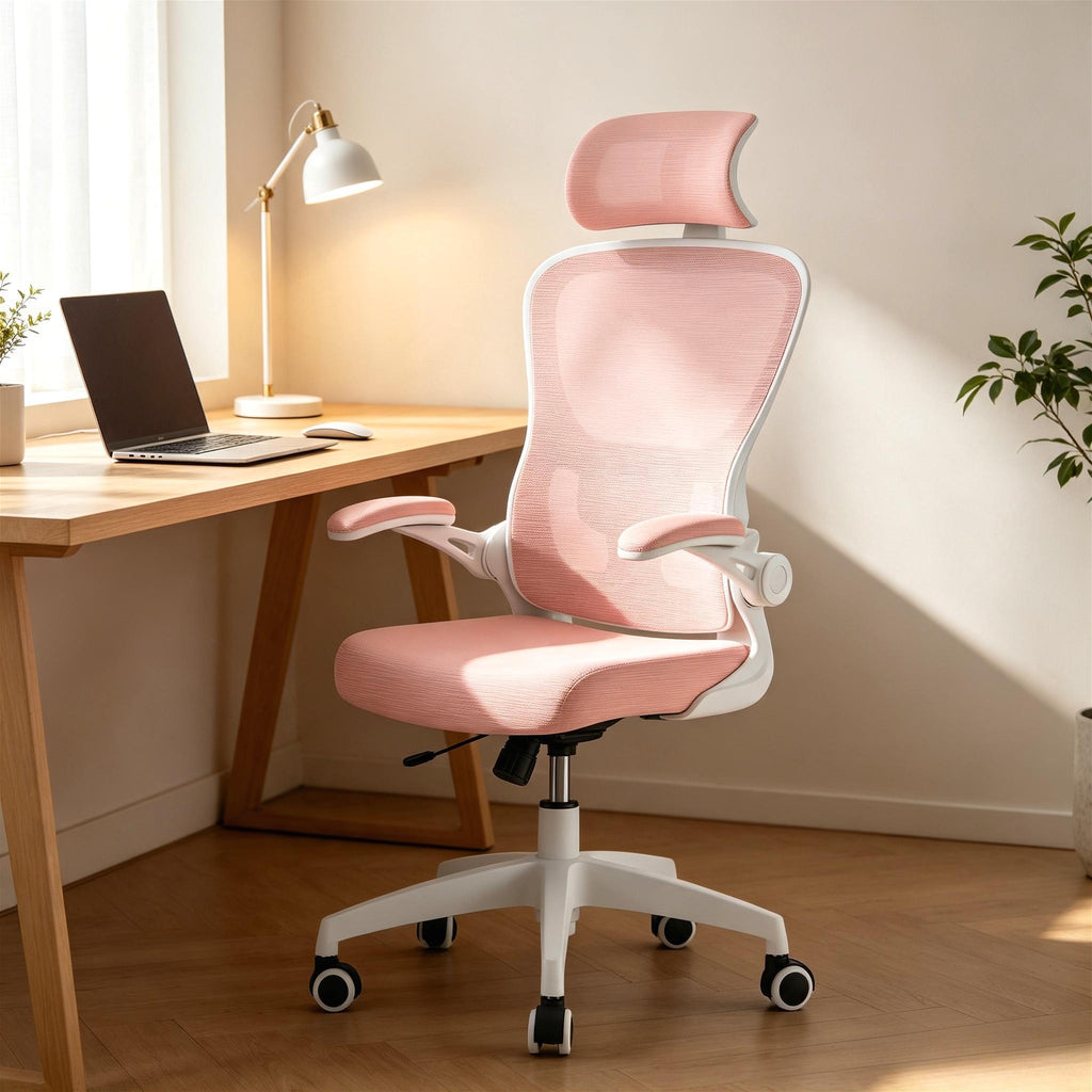 High‑Back Ergonomic Breathable Mesh Office Desk Chair, Adjustable Headrest & Lumbar Support, Flip‑Up Armrests with Rocking Tilt Function, 360° Swivel Rolling Computer Chair for Home Office Study & Gaming
