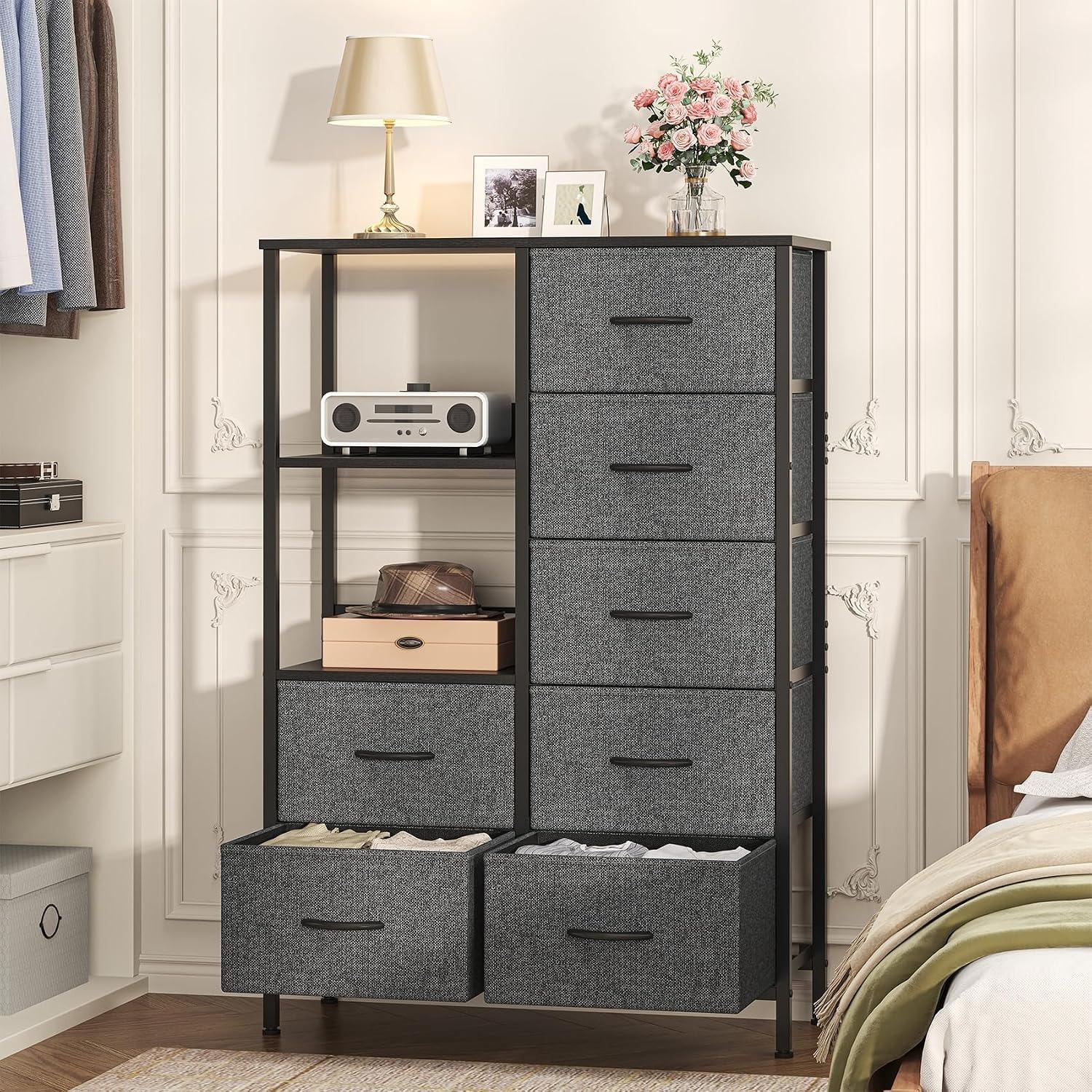 7-Drawer Fabric Storage Tower with Steel Frame & Wood Top Easy-Pull Handles for Bedroom Hallway Entryway & Closet Spacious Multi-Zone Storage Modern Aesthetic Lightweight & Easy to Relocate