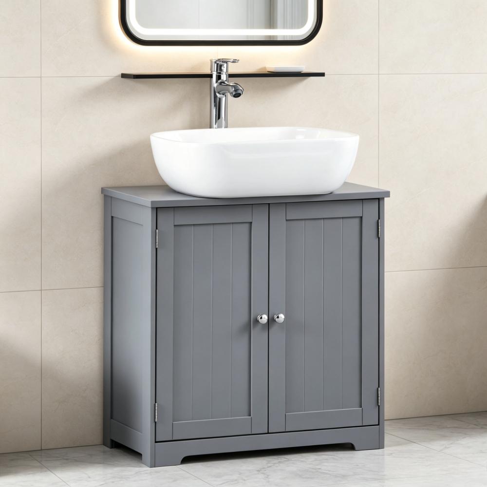Grey Freestanding 2-Door Under-Sink Cabinet, Space-Saving Storage with Adjustable Shelves, Anti-Tip Kit & Sink Cut-Out, Modern Small Bathroom Unit, H60 x W60 x D30 cm [Plus A Free Gift]