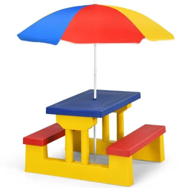 Kids Outdoor Picnic Table with Detachable Adjustable Umbrella, 4-Seater PP Plastic Table & Bench Set, Indoor Backyard Garden Activity Play Furniture for Boys and Girls