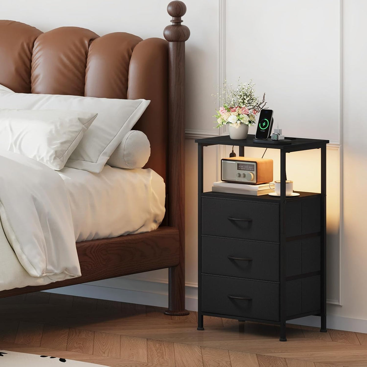 Multi-Functional USB Charging Chest with LED Light - 3 Drawer Bedside Table, Bedroom Storage Cabinet with 2 Outlets & 2 USB Ports, Charging Station for Dorm, Kids Room, Nightstand, Closet Organizer, Black [Plus A Free Gift]