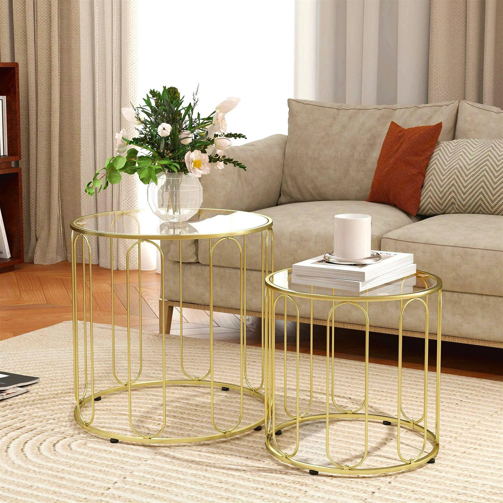 2‑Piece Nesting Coffee Table Set, Round Tempered Glass Side Tables, Gold Tone Sturdy Metal Frame Stacking Tea Table, Modern Decor Nest of Tables for Living Room Bedroom Office Small SpacesW