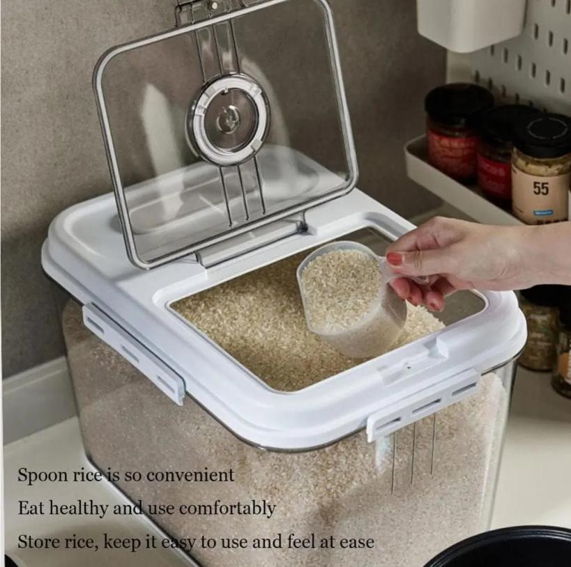 7.5KG/15KG Airtight Rice Storage Container, BPA-Free Transparent Grain Bucket with Airtight Lid & Measuring Scoop, Large Sealed Dry Food Dispenser Bin for Flour Rice Nuts, Kitchen Clear Plastic Grain Storage Organizer