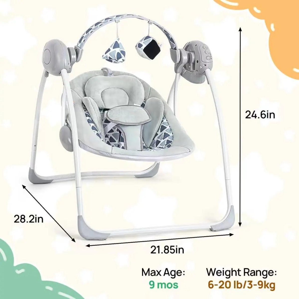 Battery Operated Foldable Baby Swing with 5 Adjustable Swing Speed, Auto Off Timer, Built-in Calming Music & Hanging Toys, Portable Infant Rocker for Newborn Nursery Use