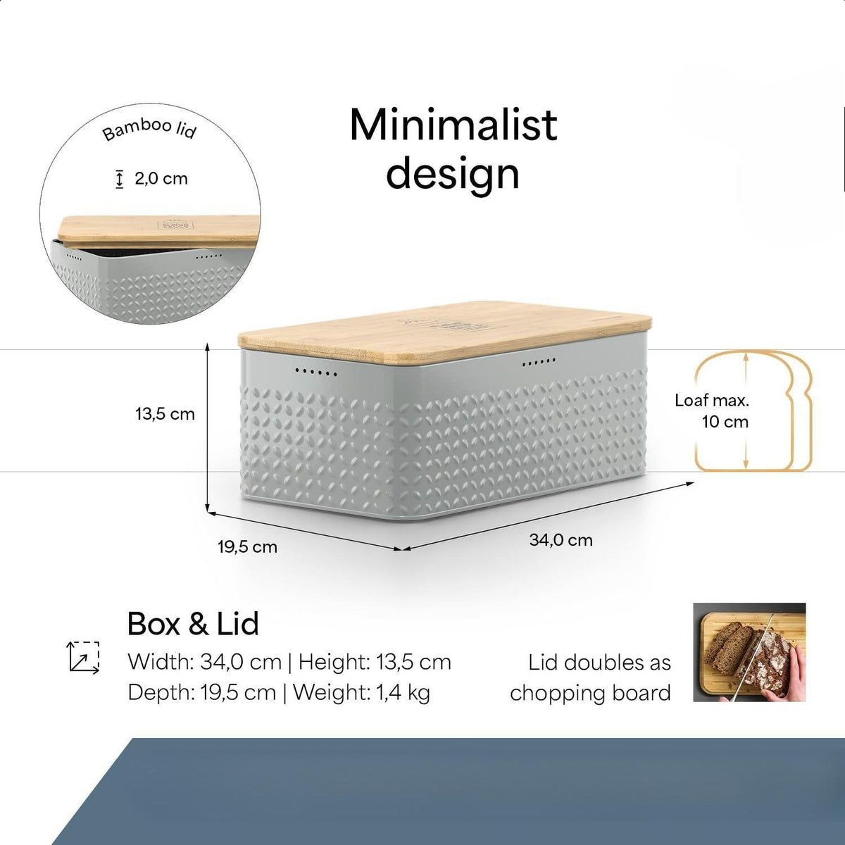 Bread Box I Metal bread box with linen bag for long lasting freshness I Baked goods Bin with bamboo lid usable as cutting board I 13.4x7.3x5.3In (Ash Gray)