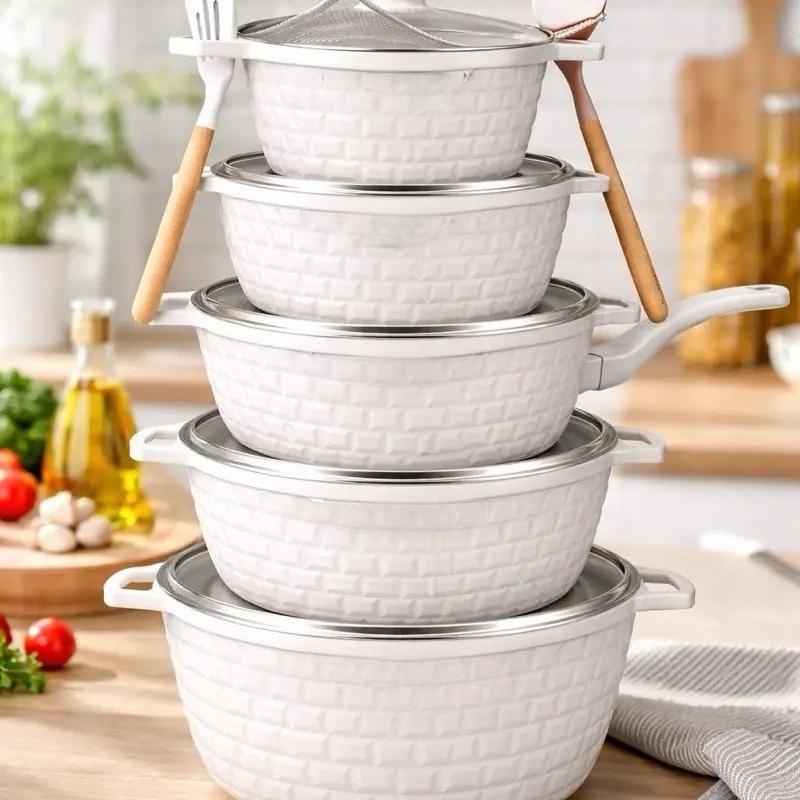 5‑Piece Die‑Cast Non‑Stick Cookware Set, Kitchen Pots and Pans Set‑Including 20/24/28/32cm Casserole Stock Pots & 28cm Frying Pan with 2 Cooking Spoons, Compatible with Induction, Gas & Electric Stovetops