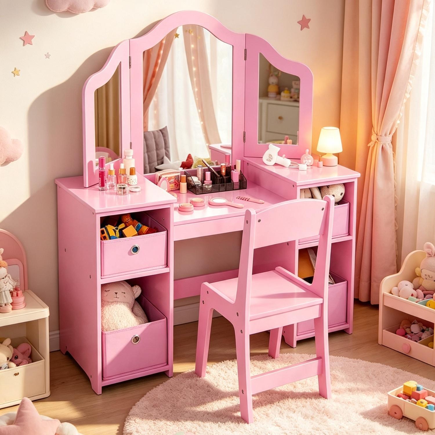 `2‑in‑1 Kids Vanity Table Set, Princess Dressing Desk with Removable Tri‑Fold Mirror, 4 Fabric Storage Bins & Matching Chair, Wooden Pretend Makeup Dresser for Girls for Bedroom Playroom Age 3+`