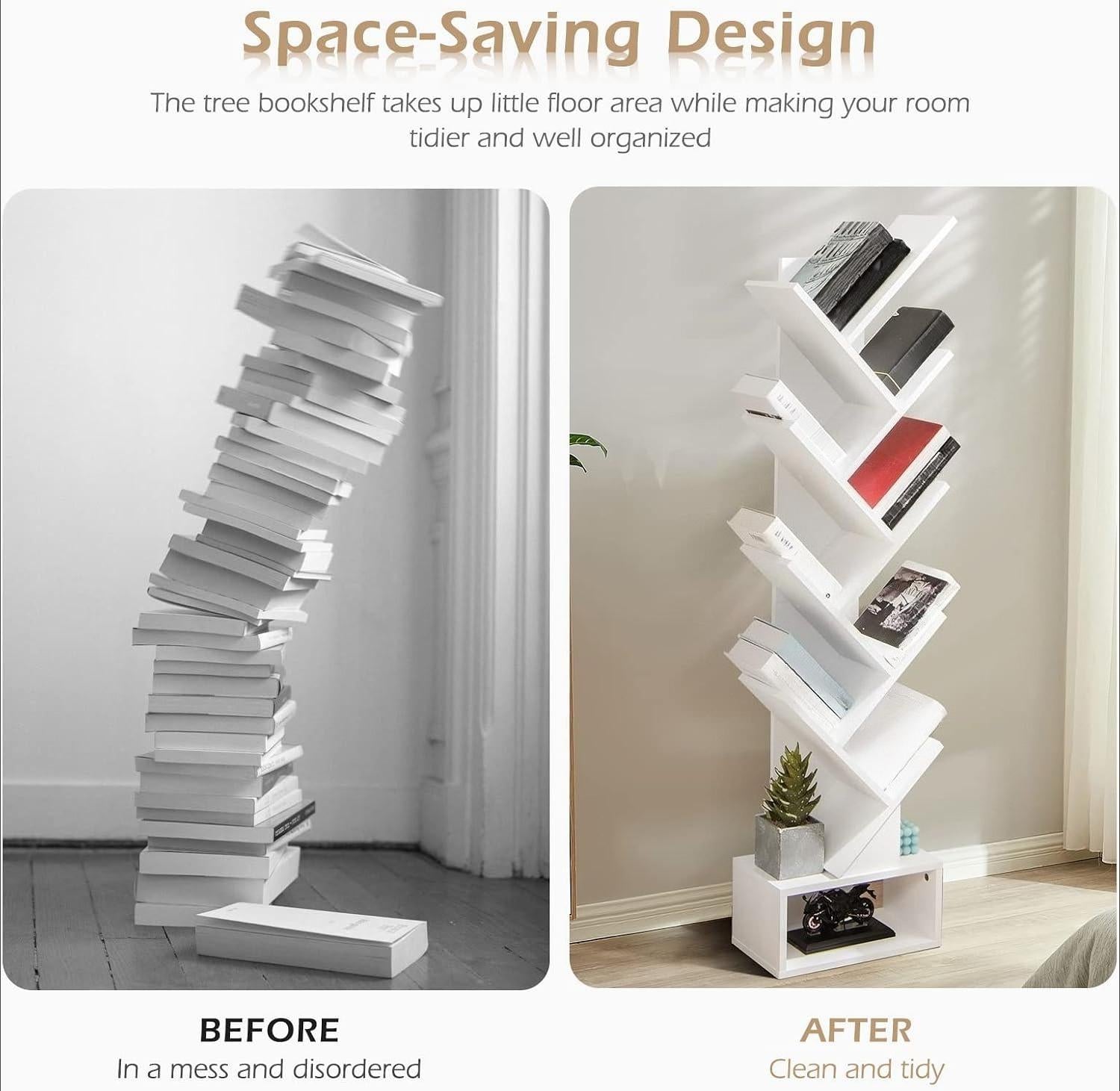 10‑Tier Tree‑Shaped Floor‑Standing Bookshelf, Wooden Narrow Book & Magazine Display Storage Shelving Unit with Foldable Fabric Drawer for Living Room Bedroom Office