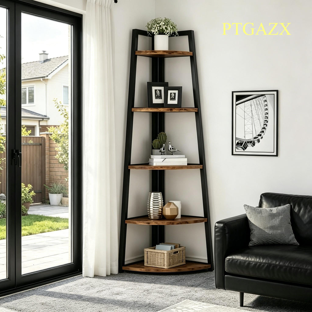 70 Inch Tall 5-Tier Corner Bookshelf, Ladder Style Open Storage Bookcase with Sturdy Metal Frame, Smooth Round Edge Freestanding Corner Organizer Rack for Living Room Bedroom Kitchen Home Display