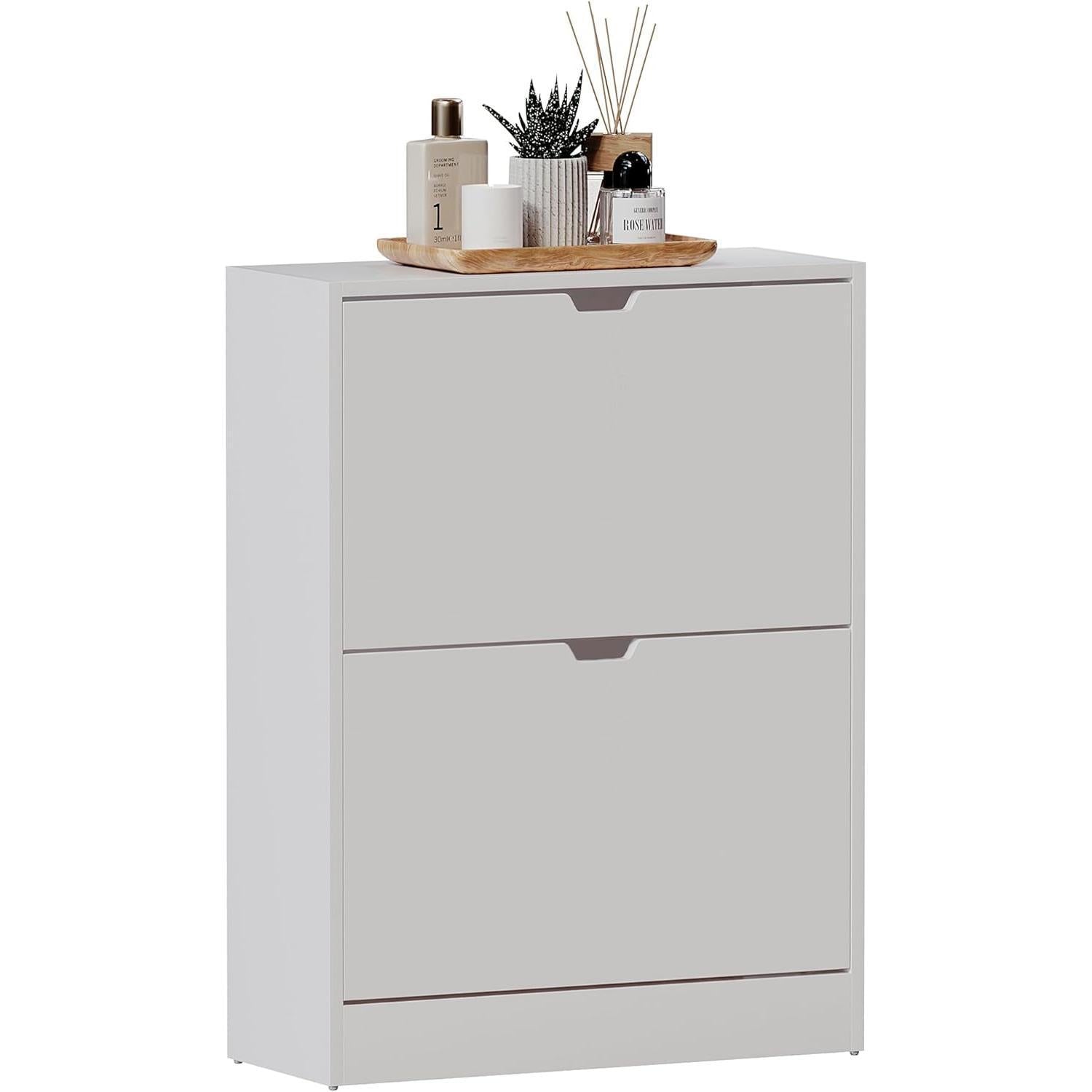 Space Saving 2-Drawer Shoe Cabinet with Flip Doors - FSC Certified Slim Storage Organizer for Hallway & Living Room, White Racks