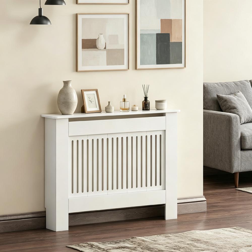 Grey Modern Radiator Cover, MDF Vertical Slat Design with Wooden Top Shelf, Stylish Cabinet for Living Room, Bedroom, and Hallway [Plus A Free Gift]