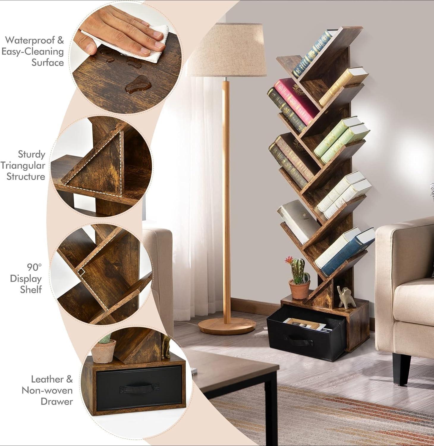 10‑Tier Tree‑Shaped Floor‑Standing Bookshelf, Wooden Narrow Book & Magazine Display Storage Shelving Unit with Foldable Fabric Drawer for Living Room Bedroom Office