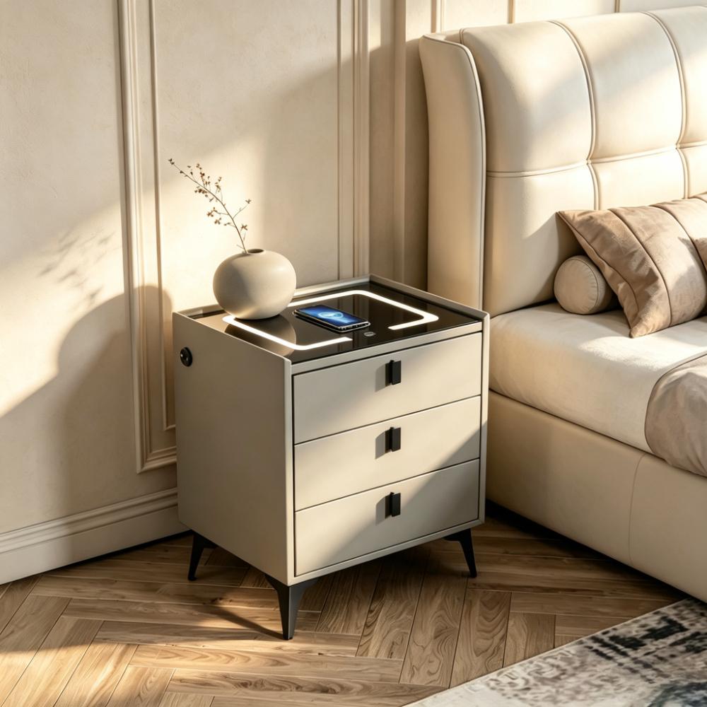 Smart Bedside Table with 3 Drawers, Wireless Charging, LED Touch Light, PU Leather Finish – Modern Nightstand for Bedroom, Living Room, or Home Office [Plus A Free Gift]
