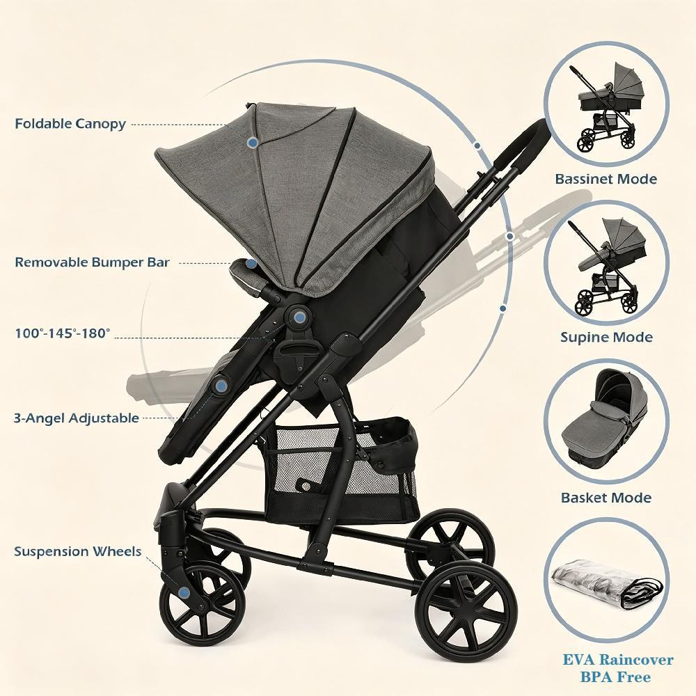 Lightweight Foldable Pushchair Travel with Rain Cover and Footmuff, Carrycot and Reversible Seat, Suitable from Birth to 3 Years with Lie-Flat Function [Plus A Free Gift]