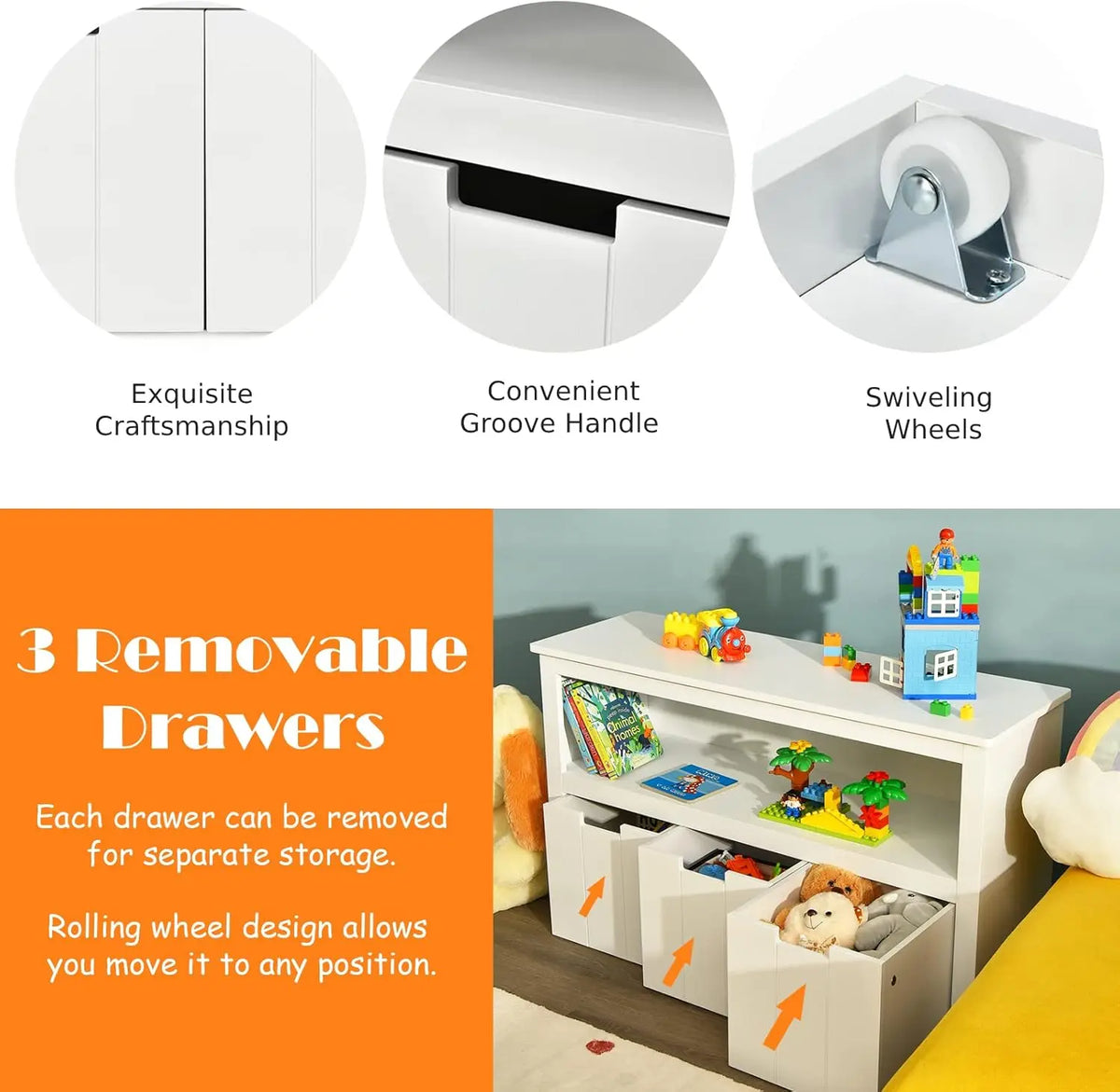 COSTWAY Kids Toy Storage Cabinet, Wooden Playroom Chest with Drawers and Large Open Shelf, Children Room Toys Books Storage Organizer for Boys Girls. For detailed product dimensions, please refer to the size chart in the product description.