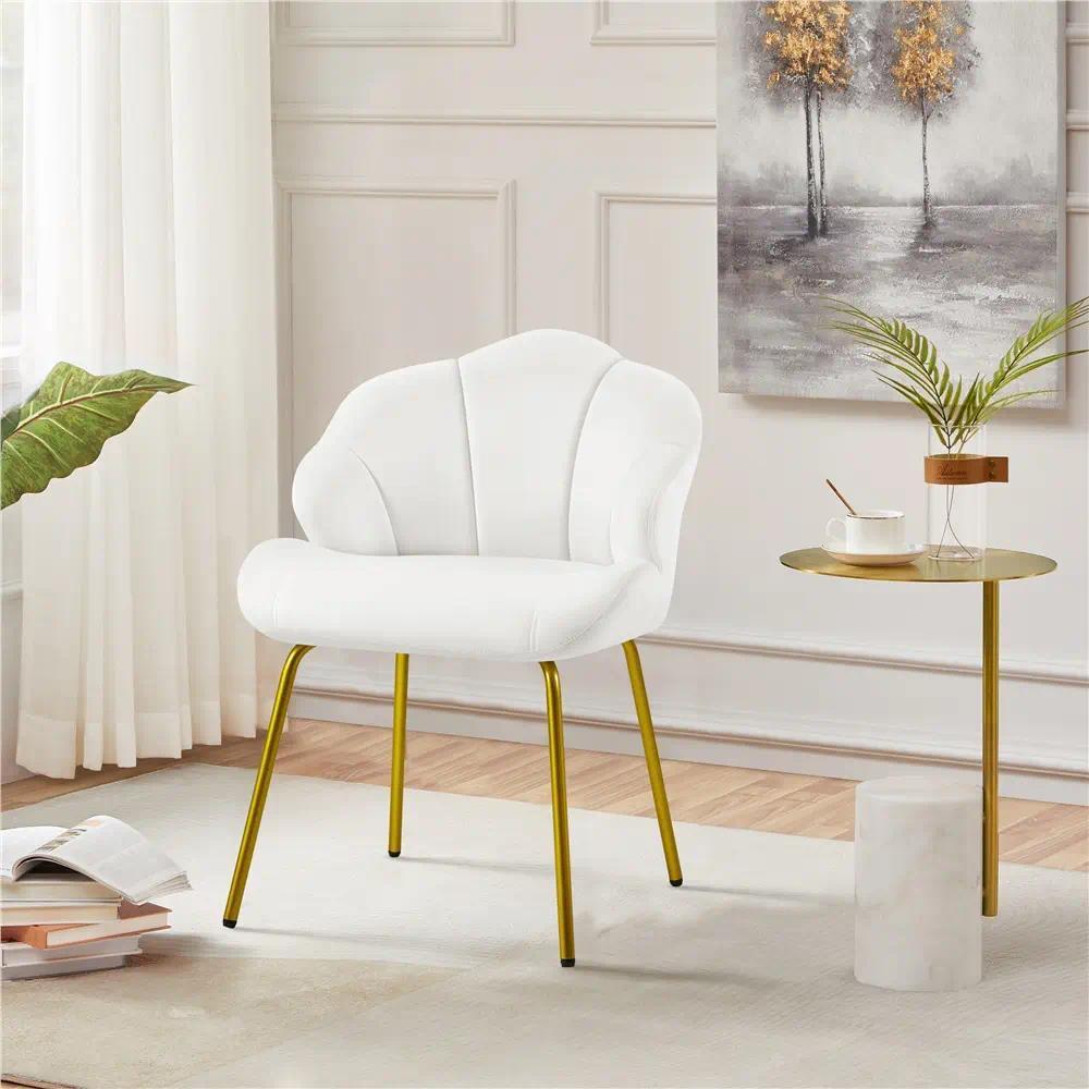 Modern Shell‑Shaped Velvet Vanity Chair, Luxury Upholstered Accent Chair with Golden Metal Legs, Multi‑Purpose Makeup Dressing Side Chair for Bedroom, Living Room, Home Reception