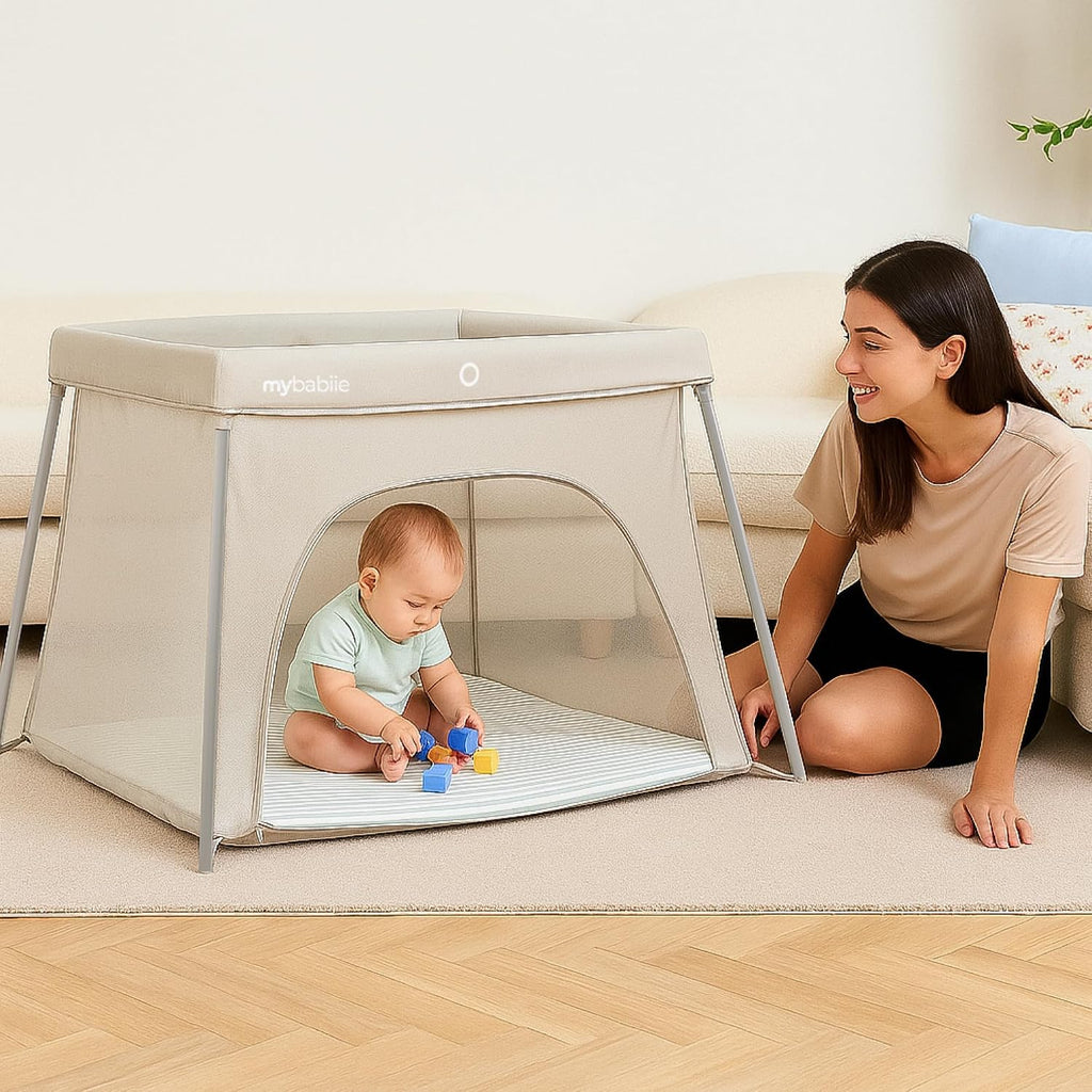 My Babiie MBTC3 Air-Light 3-in-1 Travel Cot, Bassinet, Playpen - Lightweight, from Birth to 15kg, Foldable, Travel Bag, Padded Mattress, Mesh Sides - Ivory