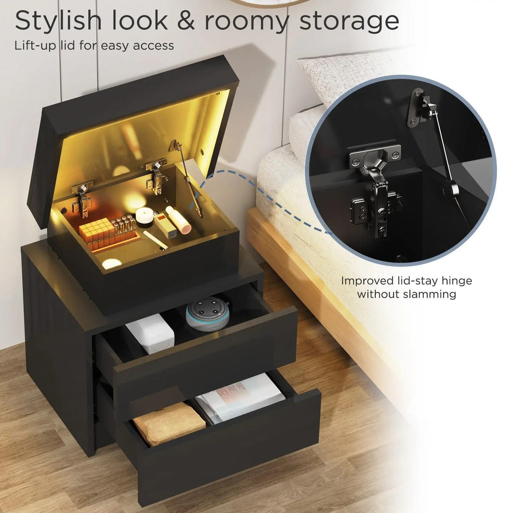 Modern LED Bedside Table with RGB Lights App & Remote Control, Lift‑Top Hidden Storage 2 Drawers High Gloss Nightstand, USB Powered Side Cabinet for Bedroom Living Room, Self‑Assembly