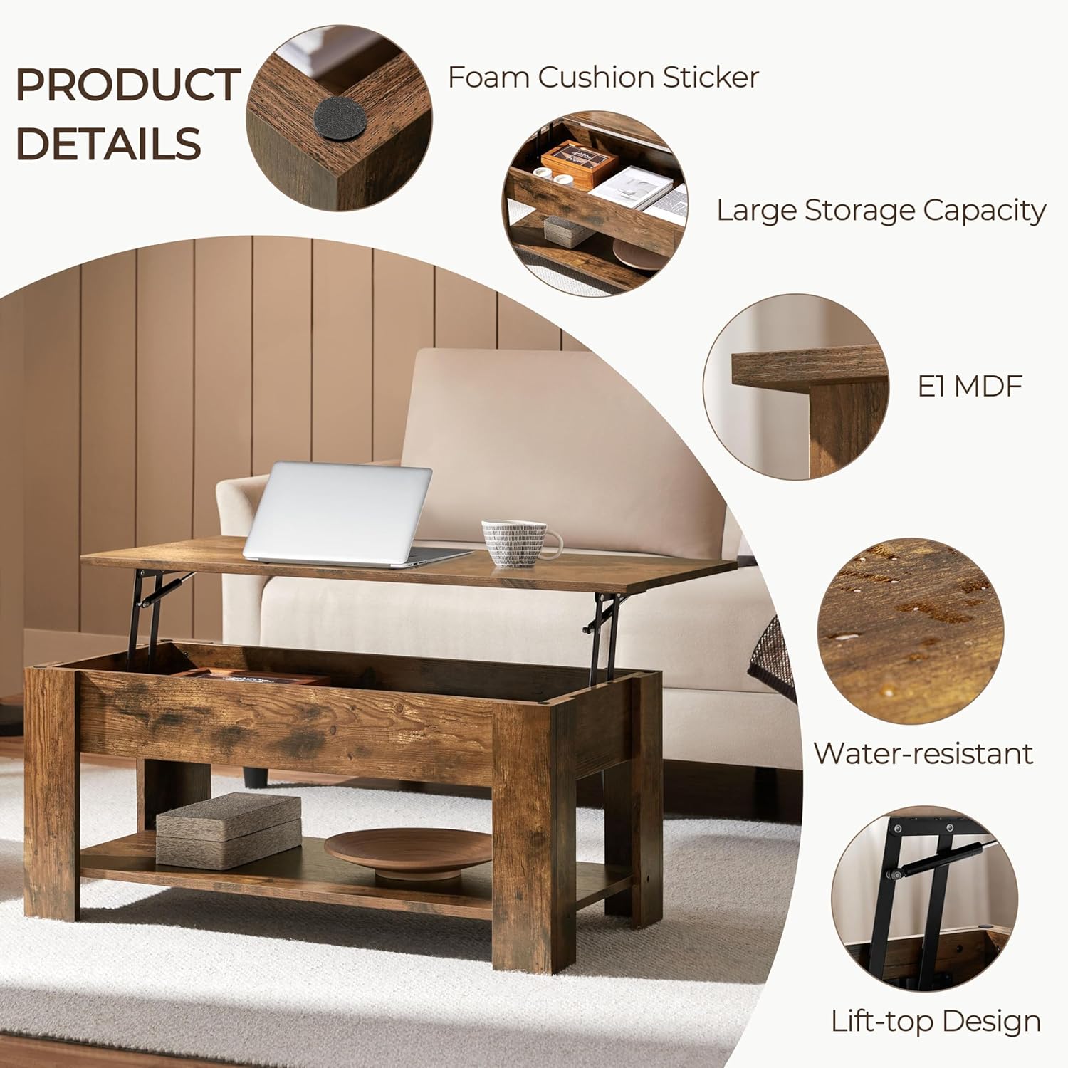 Yaheetech Lift Up Coffee Table 98x50x(42-56) cm, Rustic Brown