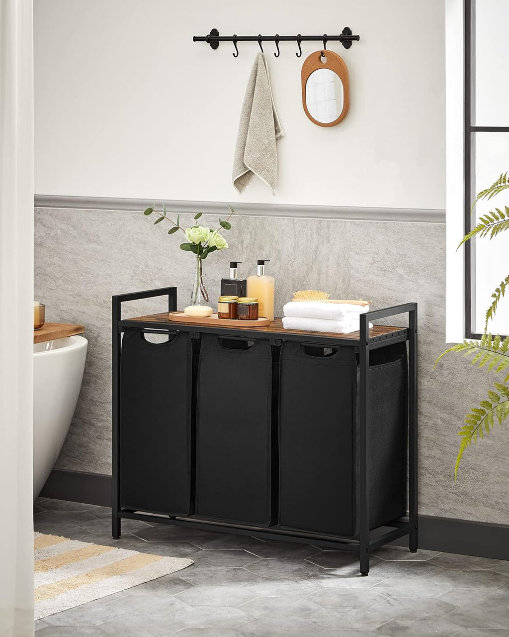 VASAGLE Laundry Basket, 3-Compartment Laundry Hamper, Pull-Out and Removable Liner Bags, Clothes Sorter, Shelf, Metal Frame, 3 x 40 L, 92.5 x 33 x 72 cm, Ink Black and Rustic Brown BLH301B01