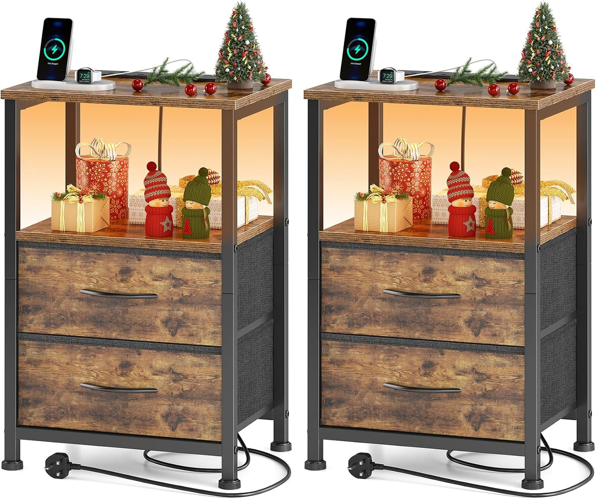 Yornoli Set of 2 Bedside Table with Charging Station 40cm Wide Bed Side Table for Bedroom with Fabric Drawers Small End Tables with Led Lights for Living Room Small Spaces Rustic Brown