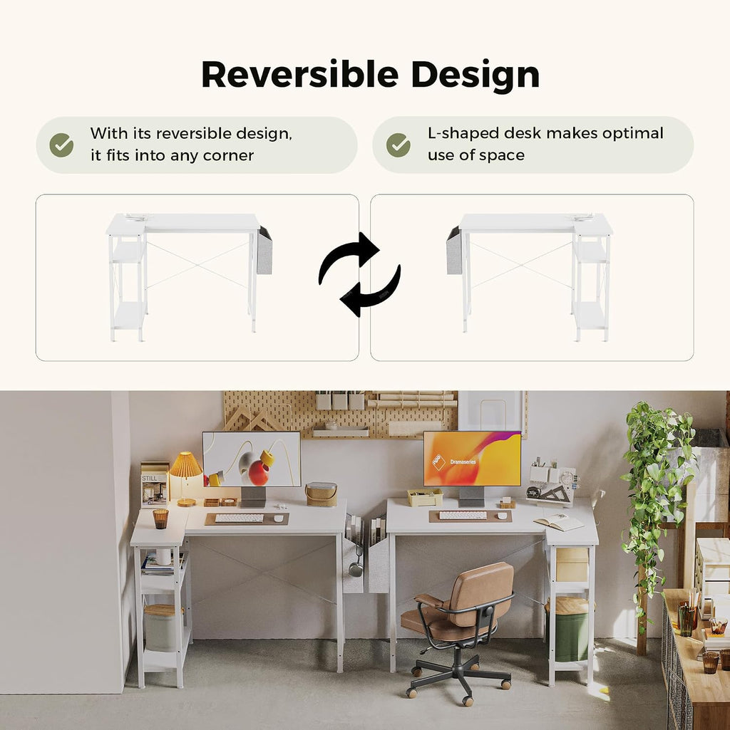 Mericonia Reversible Corner Desk, w. Power Outlets, 100x70cm, White