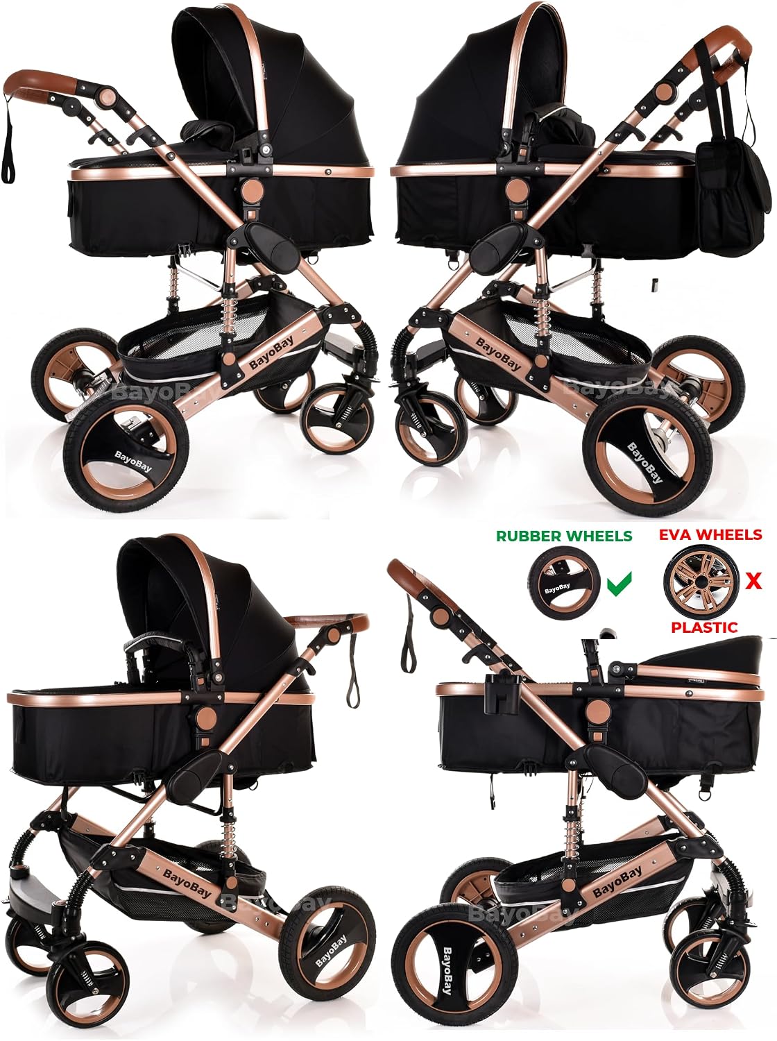Baby Pram & Pushchair Travel System 3 in1 with Car Seat - Lightweight Folding Buggy Stroller for Newborns 0-36 Months (Black - Silver Frame)