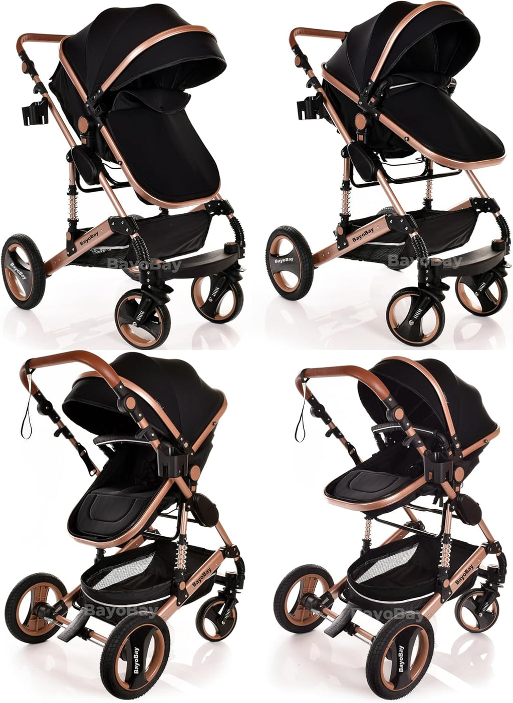 Baby Pram & Pushchair Travel System 3 in1 with Car Seat - Lightweight Folding Buggy Stroller for Newborns 0-36 Months (Black - Silver Frame)