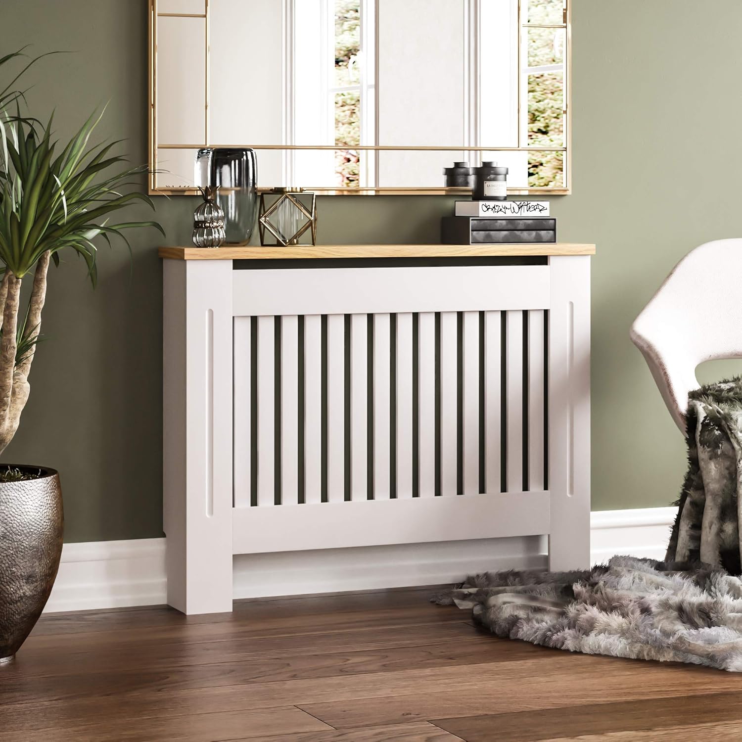 Vida Designs Arlington Radiator Cover White - Medium - Modern Shaker Style Vertical Slat Design For Optimal Heat Circulation - H83.3xW111xD19cm - Painted MDF Cabinet with Wood Top Shelf